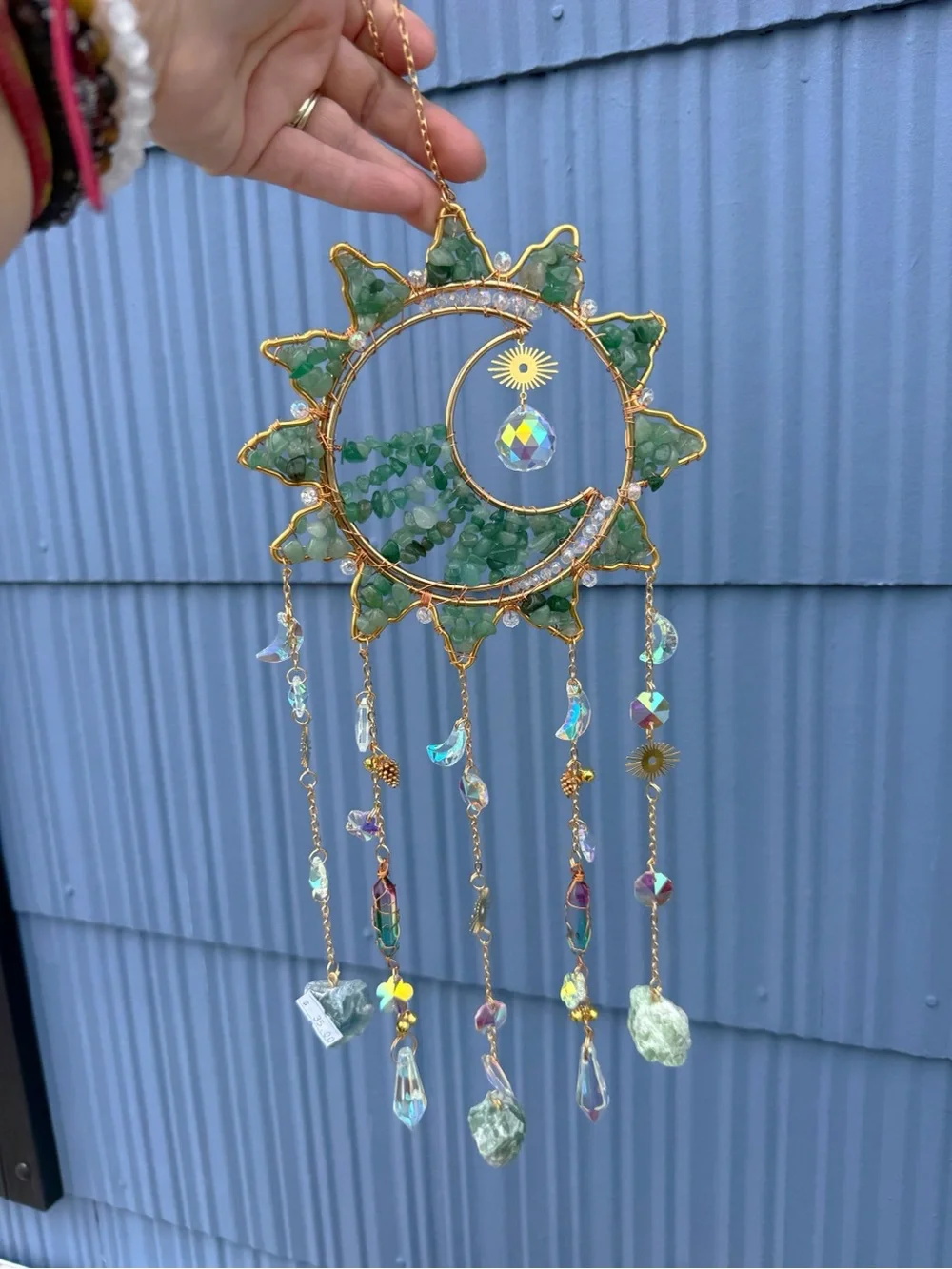 Green Crystal Crescent Sun Wind Chime - Home Wall Decor